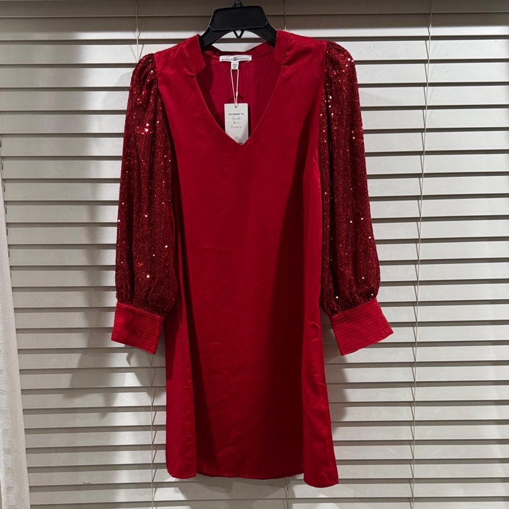 Red Sequin Balloon-Sleeve V-Neck Dress by Michelle McDowell